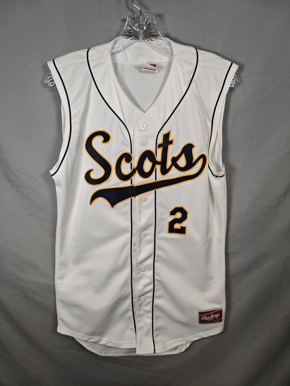 Scots Baseball Jersey Mens Large White Sleeveless Rawlings Pro-Dri Number 2